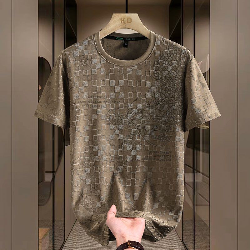 Kemeja Jacquard Sutra Es Leher Bulat Lengan Pendek Pria Kepala Naga T Baju Kaos