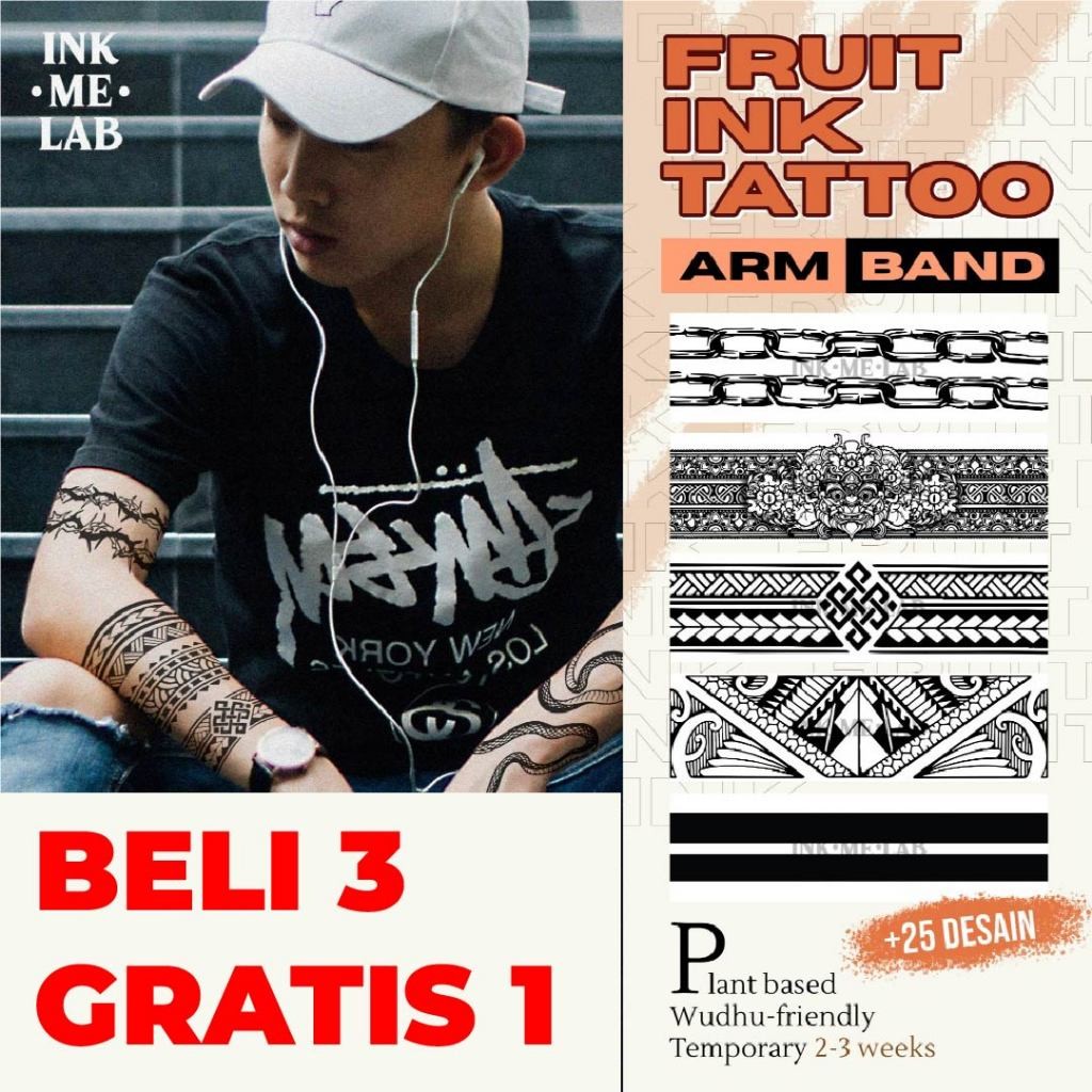 FRUIT INK TATTO ARMBAND BY INKME.LAB, Tato temporer motif melingkar di tangan motif maori garis mini