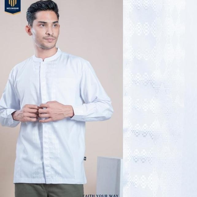 Muslimadani Baju Koko Dewasa SYAREEF Kemko Lengan Panjang Baju Koko Putih Pria Katun Terlaris