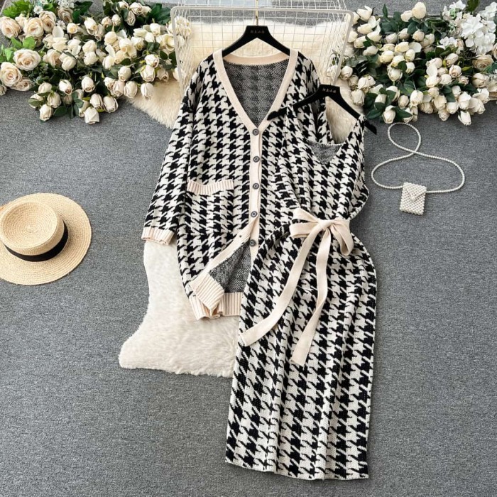 Korean Dress Bali Rajut Wanita Import + Belt + Cardigan Lengan Panjang