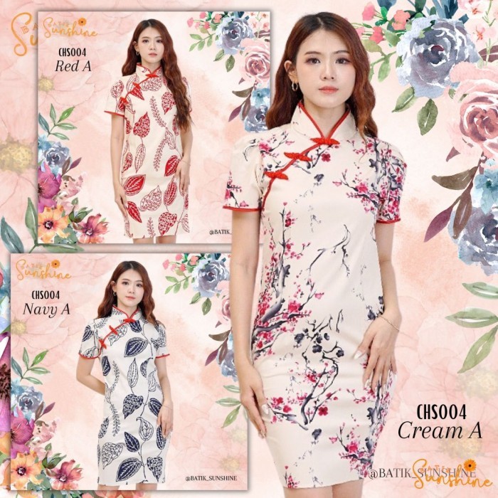 Dress Sangjit Cheongsam/Imlek Batik Wanita Chs004 A Cream Red Navy
