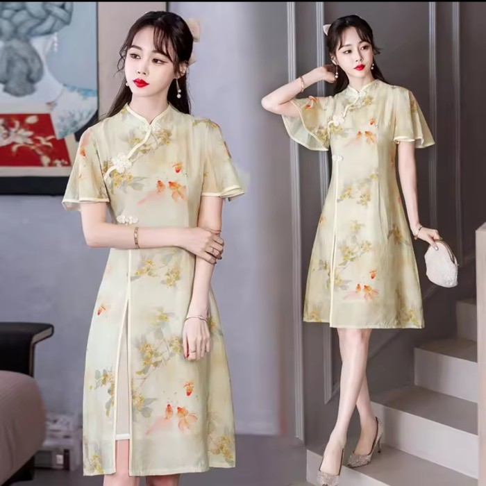 Cheongsam Lengan Lebar Cheongsam Wanita Import
