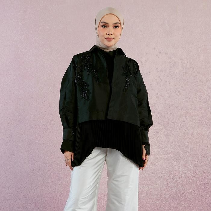 Hijabchic X Tiqasya Blenny Caviar Black Outer - Outer Lebaran Sarimbit Organza Premium Payet Pleats