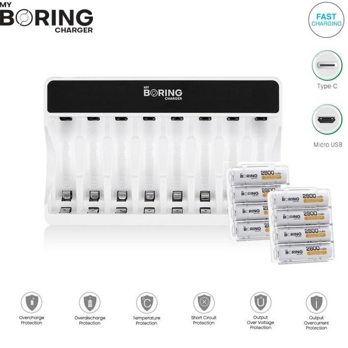 Charger Boring 8Slot + 8Pcs Battery Boring Aa 2800 Mah New Stok
