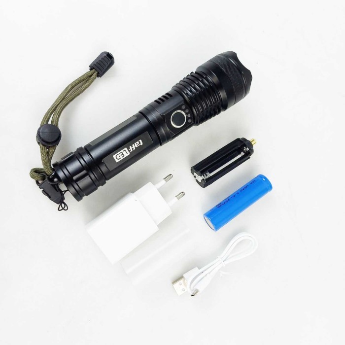 Senter Led Xlamp Xhp50 Zoom +Baterai 18650 +Adaptor Usb Recharge