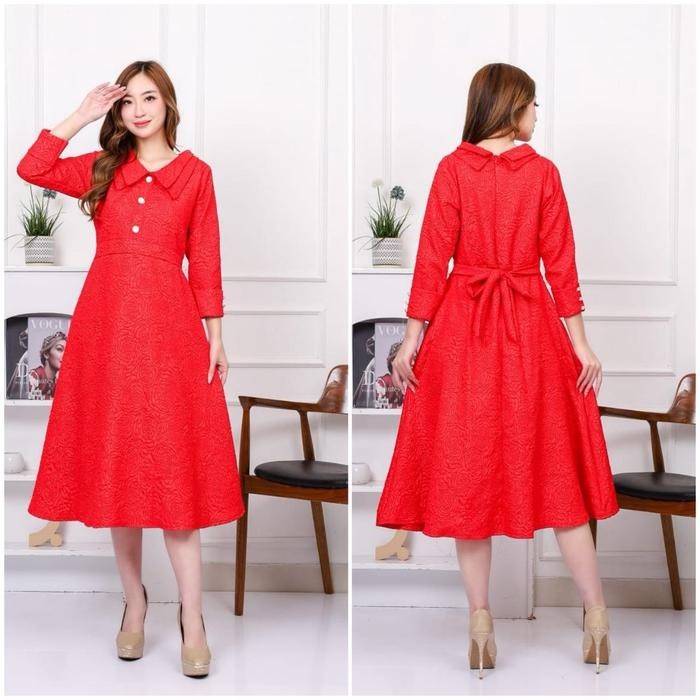 Emma.Butik E00178 Midi Dress Gaun Jacquard Formal Casual Wanita Gereja Pesta