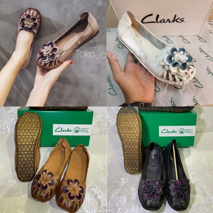 Sepatu Wanita Clarks Bunga Flat / Clarks Kulit Asli