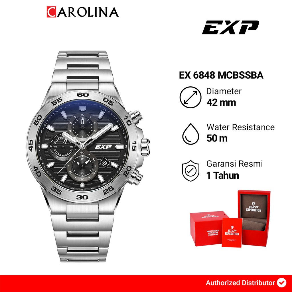 Jam Tangan Pria Expedition EXP Chronograph EX 6848 MCBSSBA Black Dial Silver Stainless Steel Strap