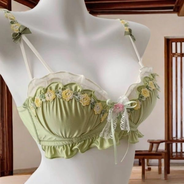 Pakaian Dalam Push Up Payudara Kecil, Bra Push Up Bordir Bunga Satin Anti Kendur Setengah Cup