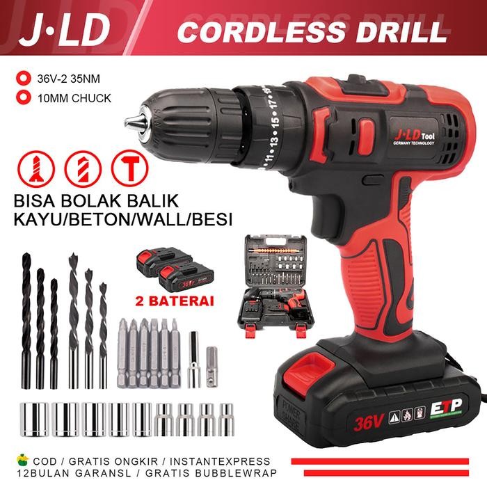 JLD Mesin Bor Baterai 36Vf Cordless bor Mesin Bor cas murah bolak balik/Kasus/Charger - fullset Bor