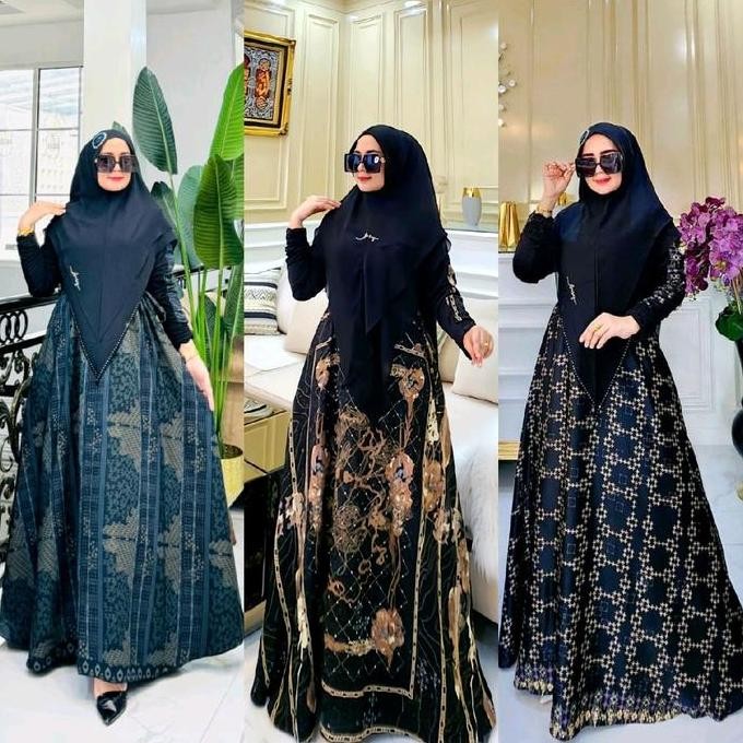 Gamis SyarI Set Syari Gamis Motif Syari Mewah Dress Motif Bunga Strip Hitam Serut Muslim Ceruty Pad 