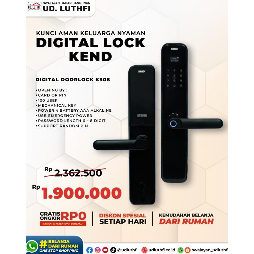 Smart Door Lock / Digital Door Lock KEND K-308 Fingerprint Door Lock Original dan Terpercaya