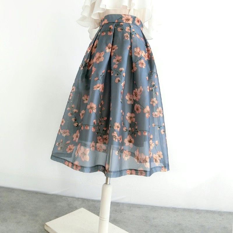 Rok Puff Organza Baru Tingkat Tinggi Pinggang Tinggi Panjang Sedang Rok Setengah Cetak