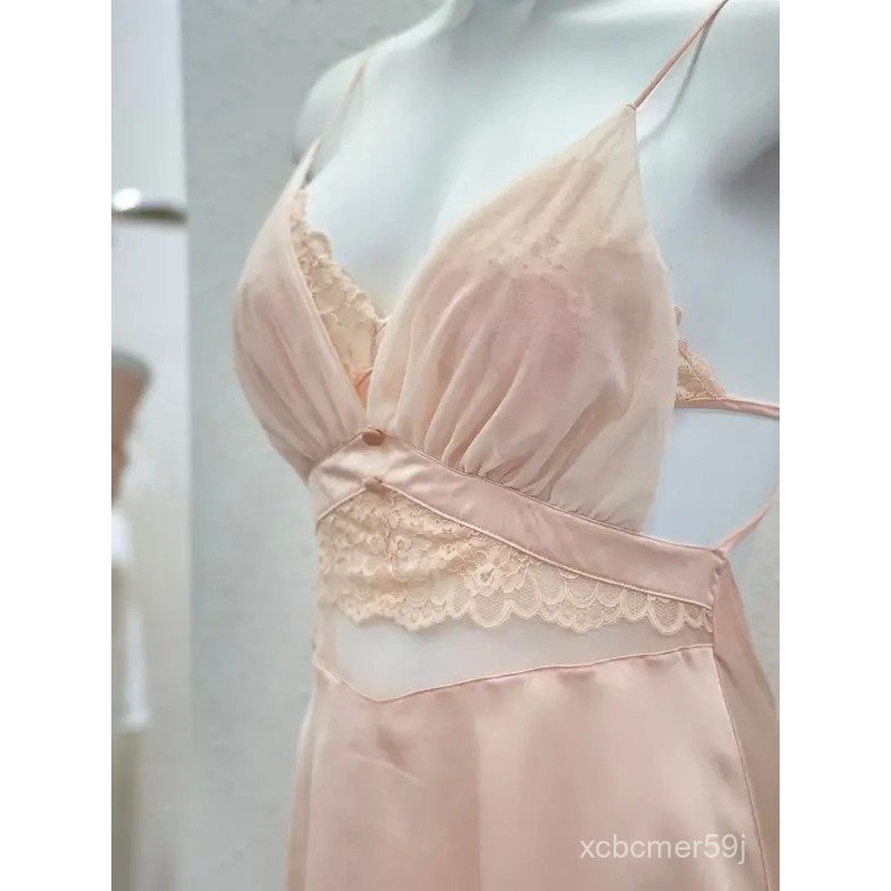 Gaun Malam Sutra Seksi Elegan Lingerie Pakaian Tidur Wanita Gaun Malam Punggung Terbuka Renda Babydo