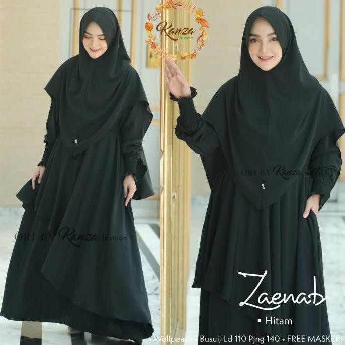 Gamis Syari Wanita Zaenab Hitam Set Khimar Free Masker Woolpeach Busui Real Ori Kanza KAL