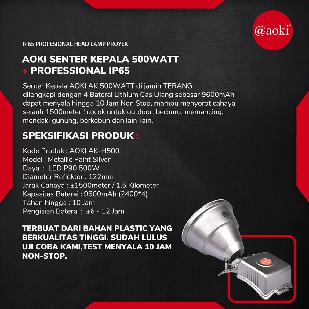 Terlaris.. Senter Kepala Jumbo Led 500W - Senter Kepala Led Aoki Ak-H500 Cahaya Putih Dan Kuning 500