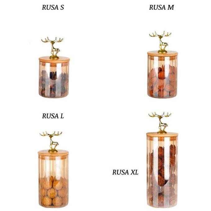 SET 4 TOPLES Kue Kering Lebaran Natal Daun Mahkota Crystal Rusa kaca tutup kayu kedap udara wadah ku