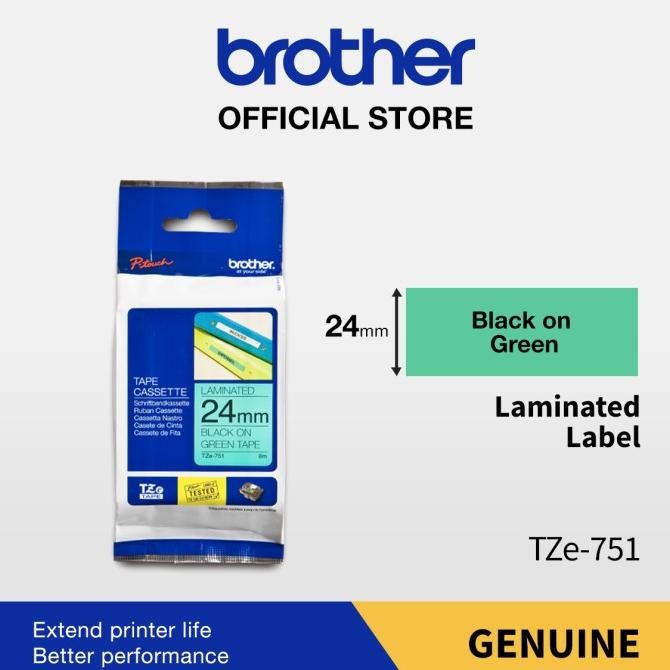 

CO Brother Label Tape TZe-751 24mm x 8m Laminated Black On Green TZe 751