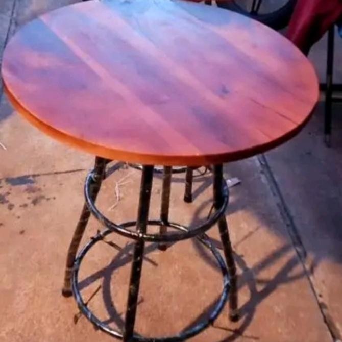 ```````] MEJA CAFE KAYU BULAT KAKI BESI TINGGI 75 CM DIAMETER 60 CM X 60 CM