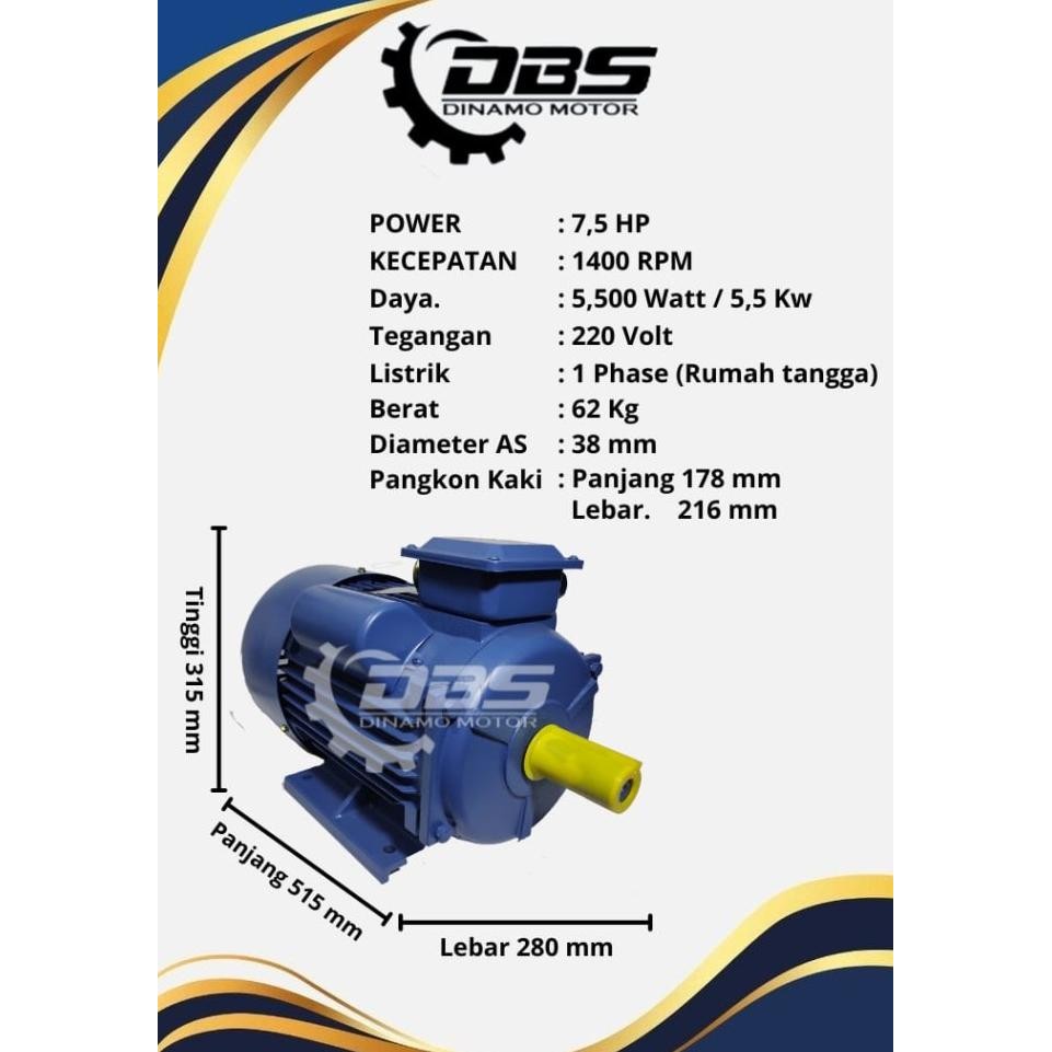 Promo Dinamo 7,5 Hp 1450 Rpm 1 Phase Merek Dbs