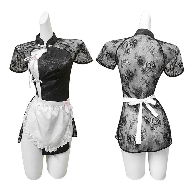 Gaun Cosplay Cheongsam Retro Lingerie Seksi Wanita Perspektif Renda Qipao Cina Antik Piyama Hollow P
