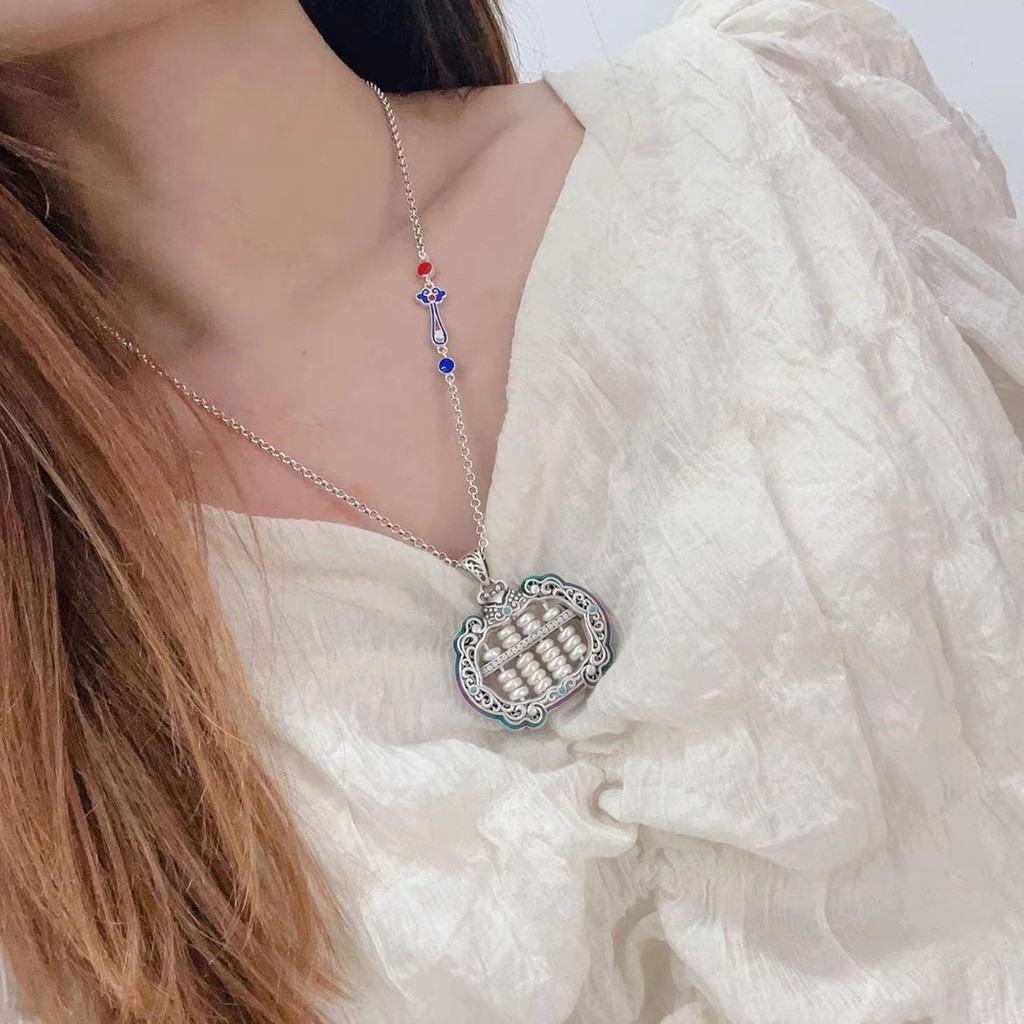 Silver Plated Abacus Pendant Necklace/Vintage Personality/Blue Enamel Treasure Basin Silver Ornament