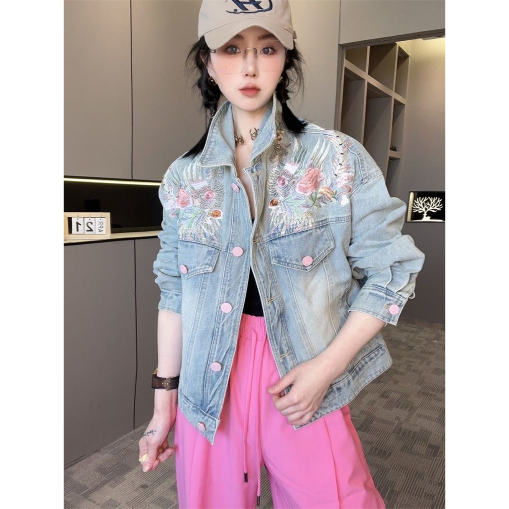 Jaket Denim Longgar Wanita, Atasan Trendi Barang Eropa, Jaket Denim Longgar, Jahitan Bordir Gaya Chi