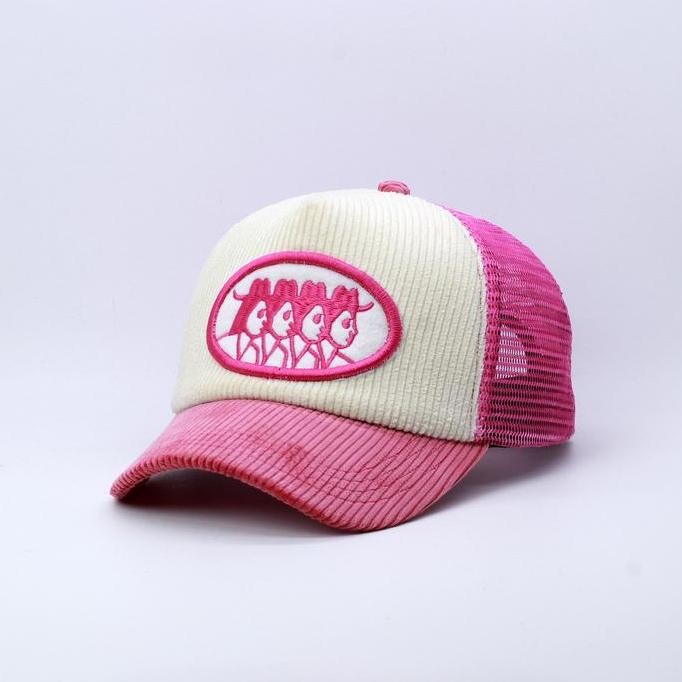 Cropss | Topi trucker topi jaring lidah pendek topi corduroy bordir four face pink koko