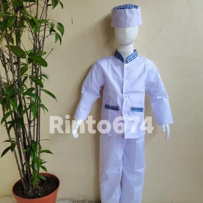 Seragam Sekolah Muslim Putih Strip Biru Paud dan TK Kualitas Bagus