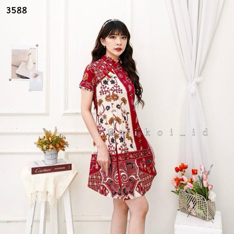 PLK Couple Dress Batik Modern Merah Imlek / Cheongsam Qipao Dress Merah Batik Wanita / Kemeja Pria B