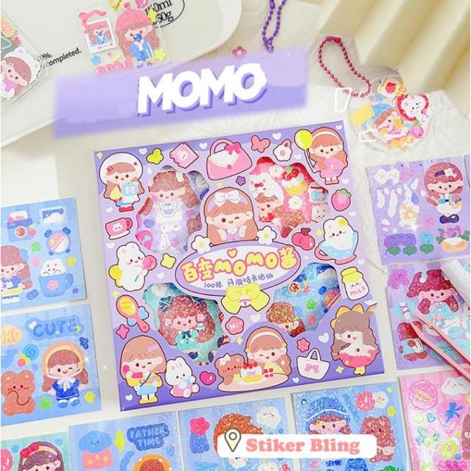 

Stiker 1 Box isi 100 Lembar Motif Momo Glitter Glossy Bling Buat Dekor Photocard Girl Kertas Buku Paper Stationery