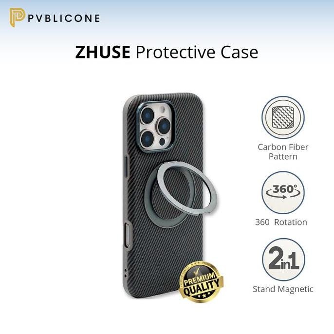 ZHUSE PROTECTIVE CASE FOR IPHONE 14 15 16 PRO MAX | 2IN1 STAND MAGNETIC 360 ROTATIONS CARBON FIBER P