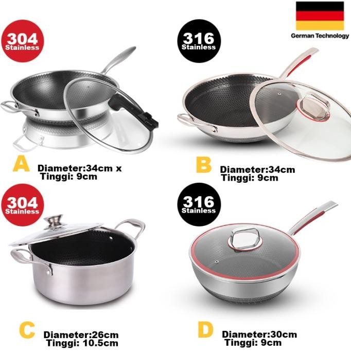 Promo Premium Wajan Wok Pan Stainless 304 Anti Gores Anti Lengket