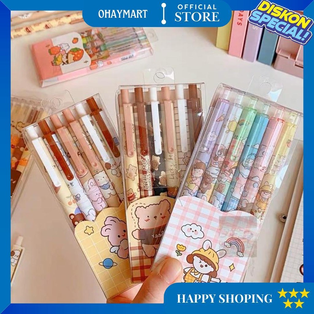 

[ Dwcorner ] Pulpen Gel Lucu Set 6In1 / Pulpen Tinta Hitam / Pulpen Gel Hitam Set D Promo 4.4
