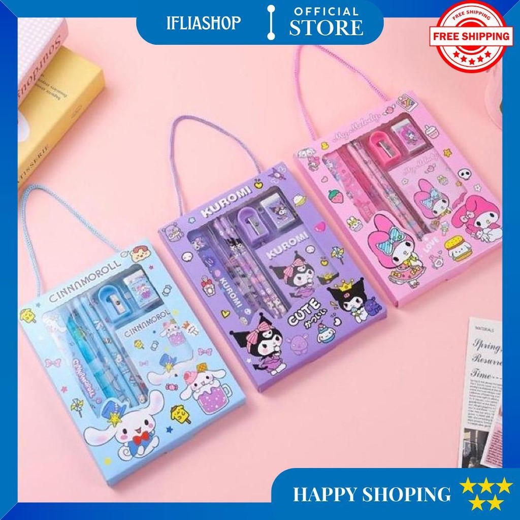 

[Wh] Gift Set Perlengkapan Tulis Anak Sekolah 6 In 1 / Set Alat Tulis Anak Karakter Melody CinamarolKuromi Set 6In1 D Termurah