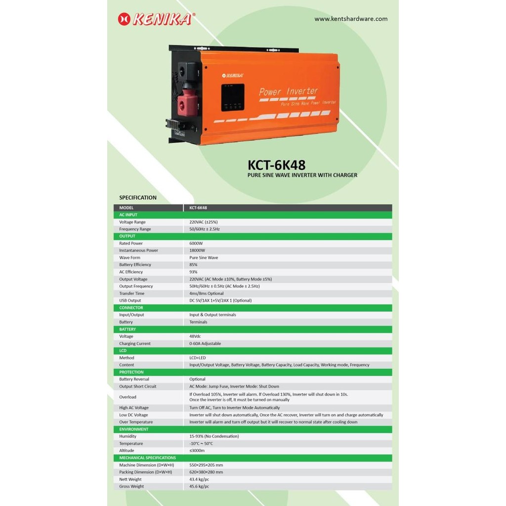 Murah Solar Inverter Pure Sinewave Dc48V 6000W Kct-6K48 Kenika