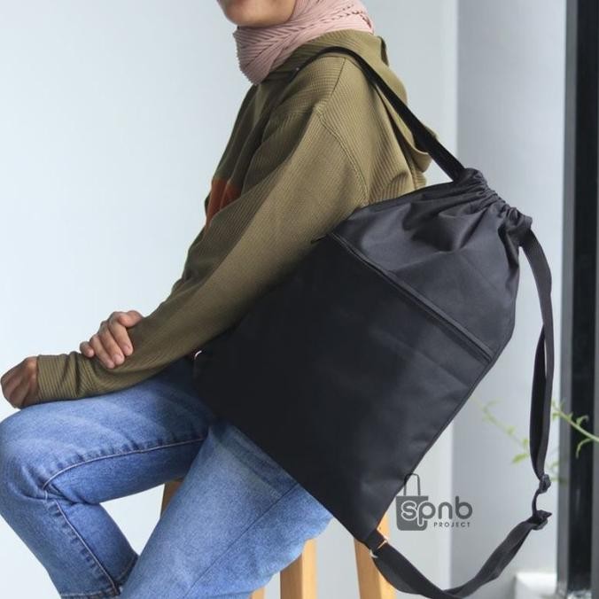 12 Pcs Tas Serut Anti Air Backpack Stringbag Parasut Spnb Polos Hitam Co