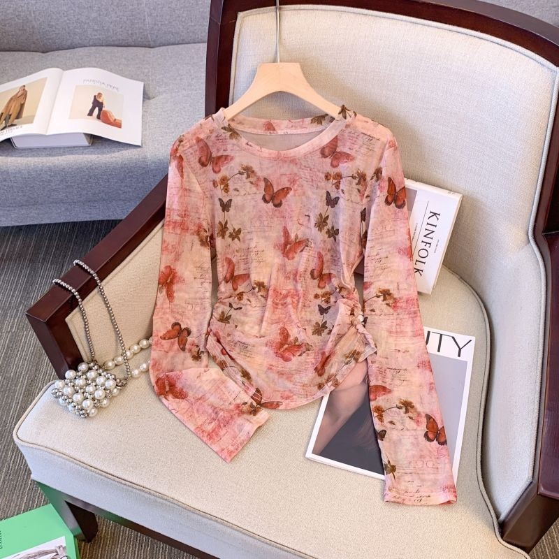 Vintage Tie-Dyed Butterfly Printed Mesh Long-Sleeved Top Female Summer New