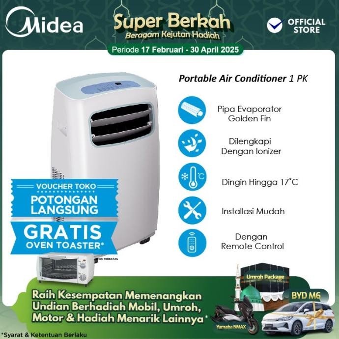 Murah Midea AC Portable 1 PK MPF2-09CRN1 Self-Diagnosis and Auto Protection Non COD