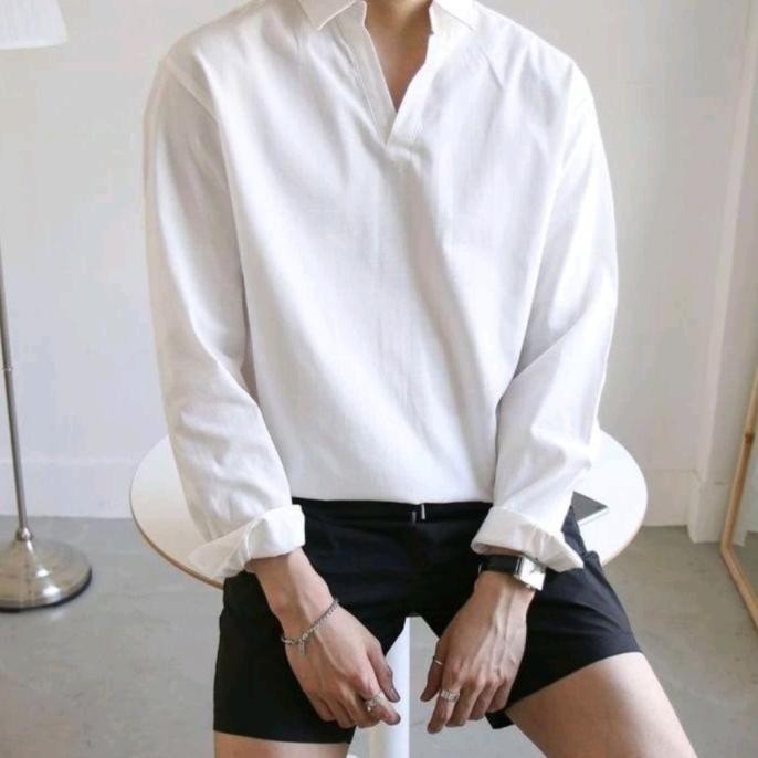 Murah Kemeja Pria V-Neck Polos Lengan Panjang Marison / Atasan Kemeja Pria V-Neck Casual Lengan Panj