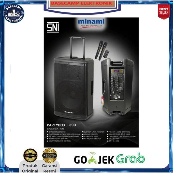 MINAMI PARTYBOX 390 PB-390 Speaker Portable 15" Inch Speaker Karaoke USB Rechargeable Mic Wireless U