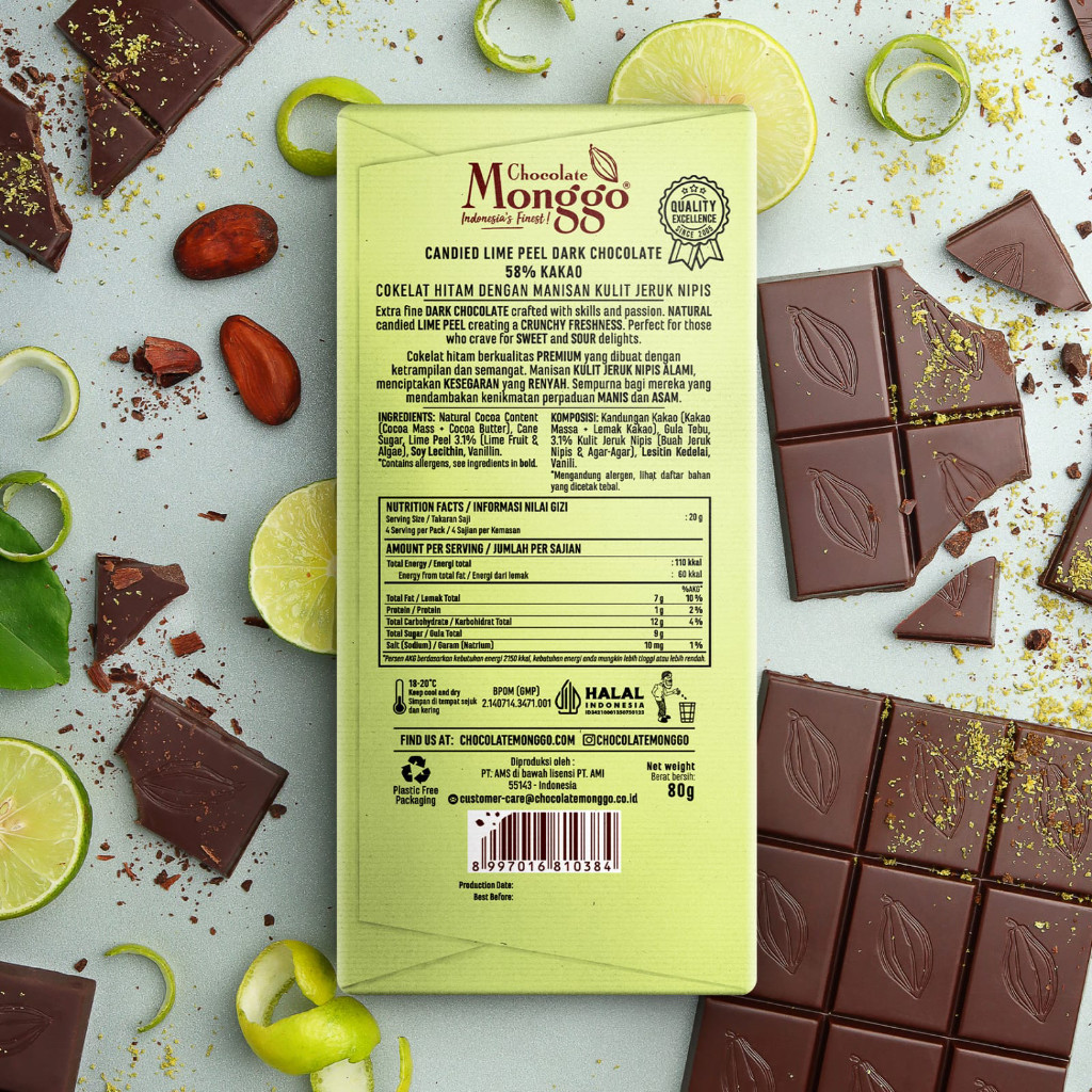

QH Chocolate Monggo Lime Peel & Dark Chocolate 80gr Coklat Murni 100% Kakao Butter Cokelat Hitam &