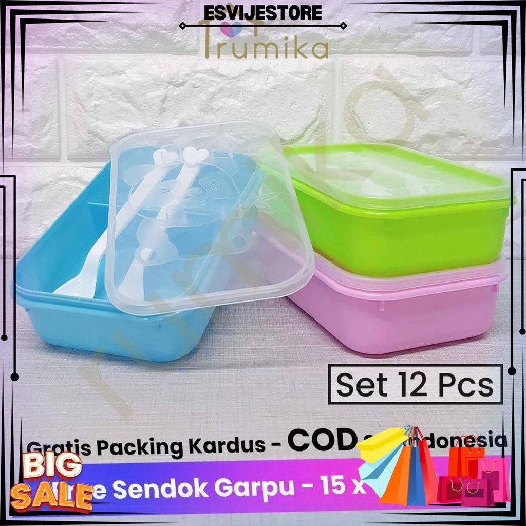[Lusin] Set 12 Pcs Lunch Box Segi Panda Sekat 2 / Tempat Makan Wadah Bekal Anak - Free Sendok Garpu 