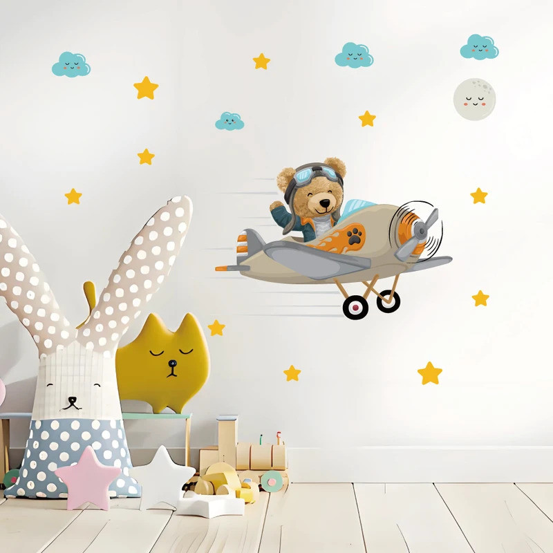 stiker dinding beruang lucu mengemudi pesawat untuk kamar tidur, stiker dinding kartun awan dengan b