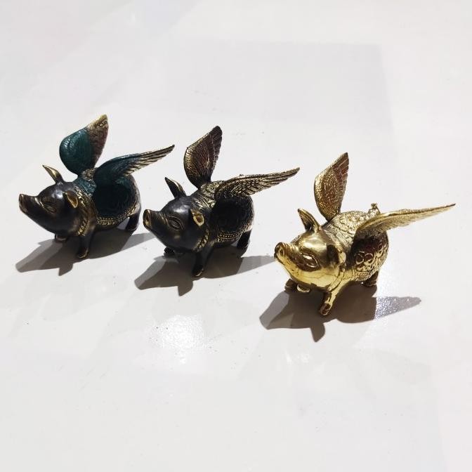 ------] Patung Babi Sayap Kuningan Brass Pig Statue Dekorasi Unik