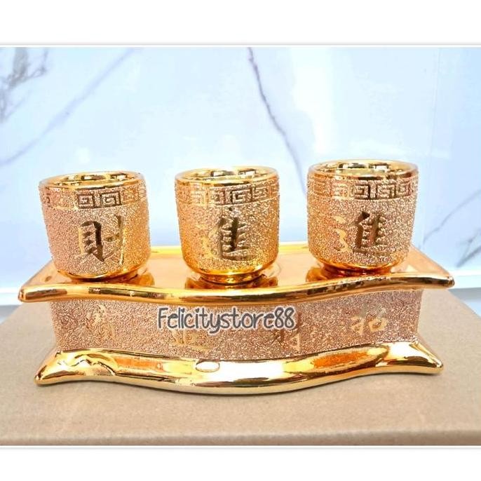 Promo Cangkir Keramik Emas Jin Bao Set / Cangkir Sembahyang Gold Jin Bao Keramik