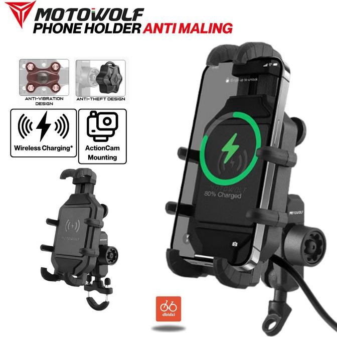 Motowolf Holder Handphone HP Motor USB Wireless Charger Stabilizer 360