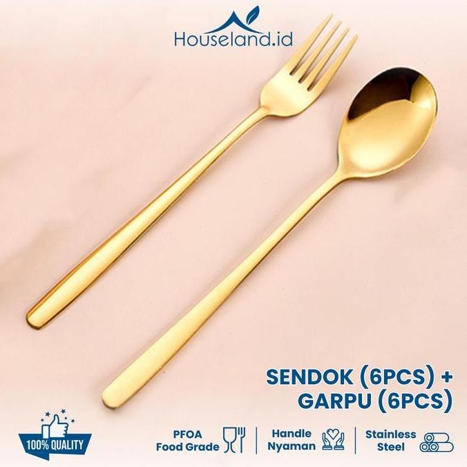 Grosir [1 Lusin] Sendok Garpu Korea Premium 1 Set 12Pcs - Warna Gold - Makan Bonus Garpu Setengah Lu