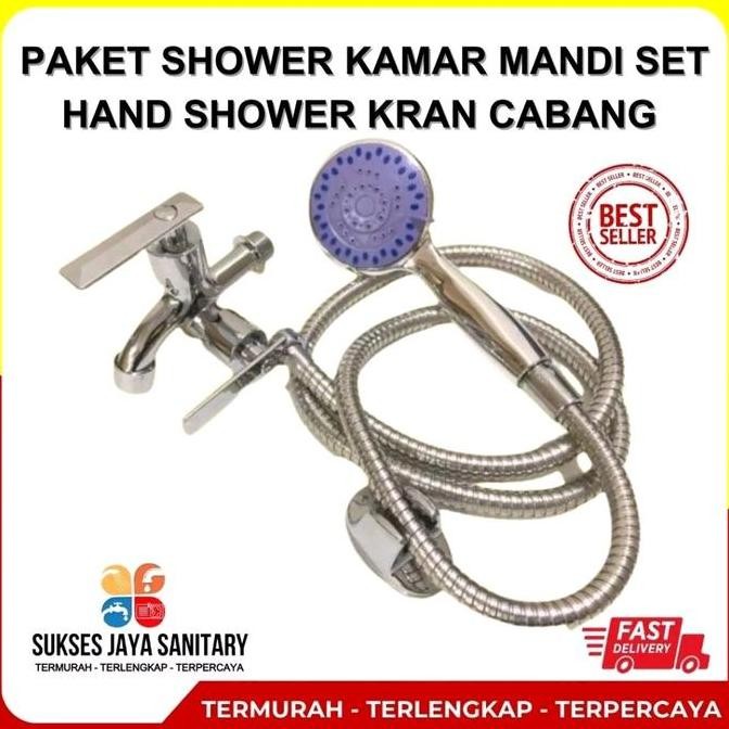 Live 5 In 1 Paket Shower Kamar Mandi Set Hand Shower Kran Cabang Stainless Drat 1/2" Plastik Selang 