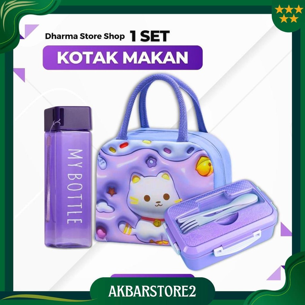 Kotak Bekal Tempat Makan Anak Sekolah Perempuan Laki Laki Lunch Box Set Botol Minum Tas Karakter Aes